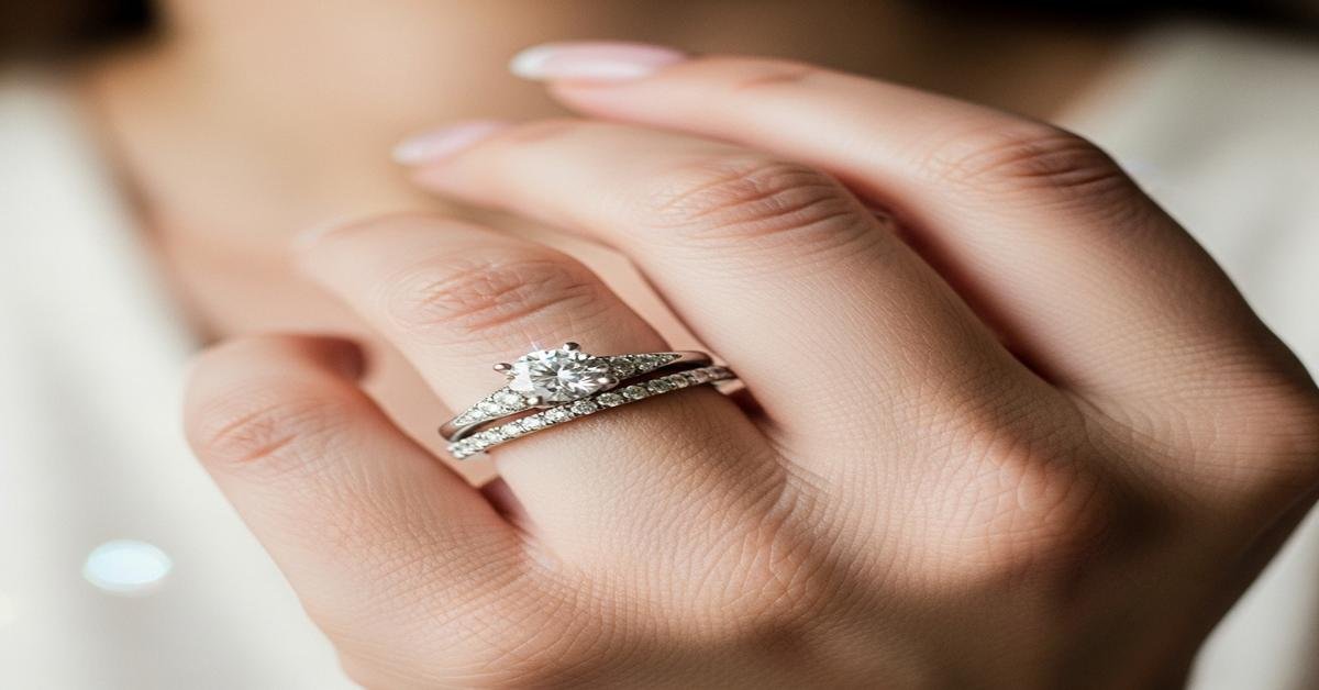 Gold engagement ring paired with a matching wedding band on a bride's hand showing flush fit and balanced proportions