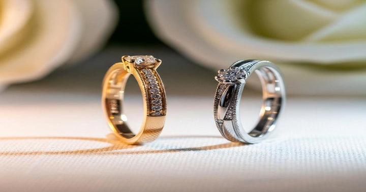 Side-by-side comparison of a gold engagement ring and a platinum engagement ring on a neutral background