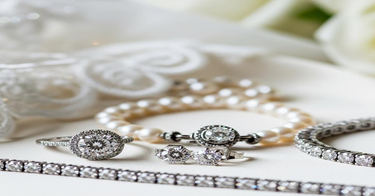 Complete bridal jewelry set including diamond engagement ring, wedding band, stud earrings, and pendant necklace on white fabric