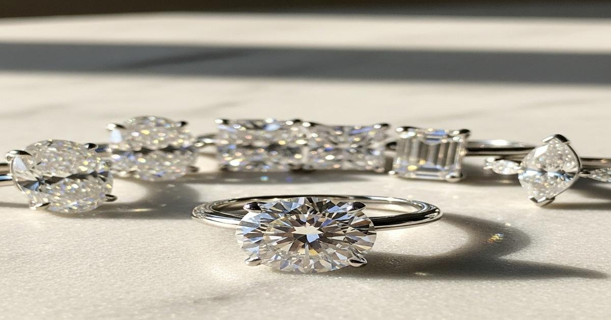 Six popular diamond shapes for engagement rings — round, oval, cushion, princess, emerald, and pear — displayed side by side