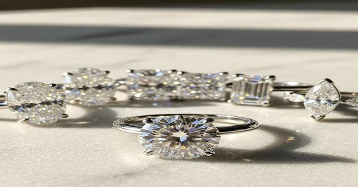 Six popular diamond shapes for engagement rings — round, oval, cushion, princess, emerald, and pear — displayed side by side