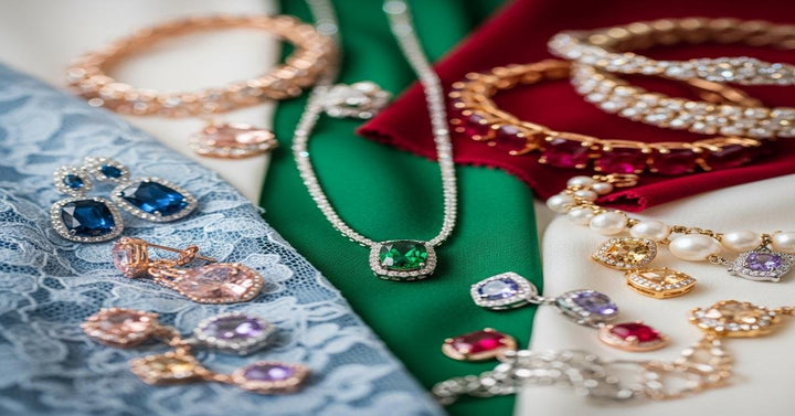 Assorted bridal jewelry pieces in gold, rose gold, and platinum displayed alongside fabric swatches in wedding colors