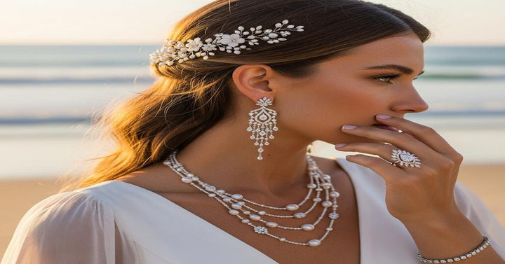 18K gold bridal jewelry set with sapphire pendant and diamond studs for a tropical destination wedding