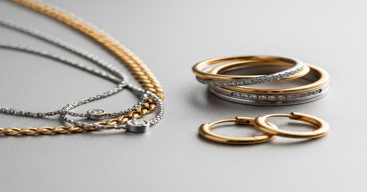 Mixed gold and white gold jewelry laid out together showing layered chains, stacked rings, and hoop earrings - Riyanika Jewels