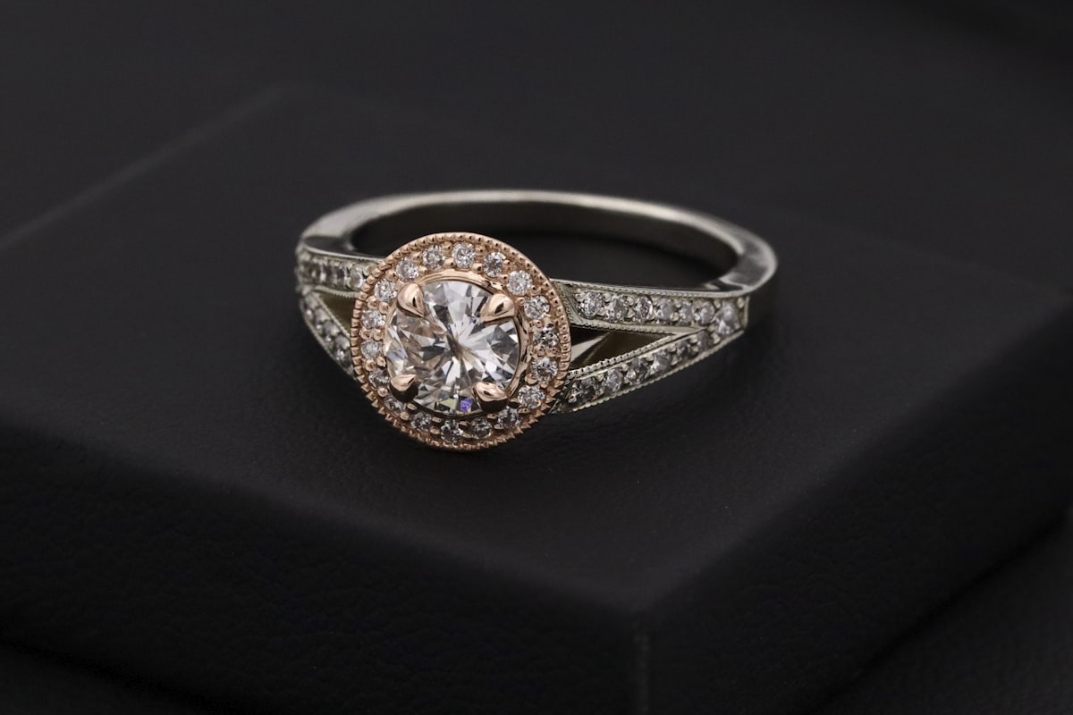 Halo diamond engagement ring in rose gold and white gold setting - Riyanika Jewels