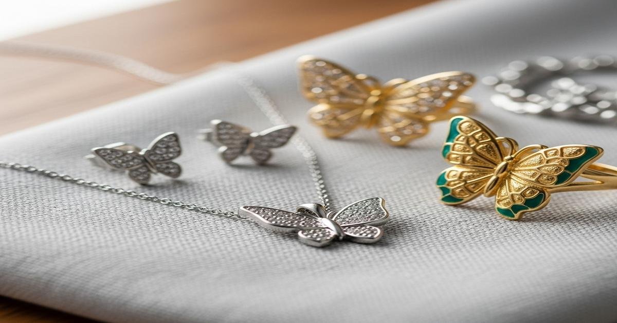 Butterfly jewelry collection with silver pendant necklace, butterfly studs, and gold enamel butterfly ring - Riyanika Jewels