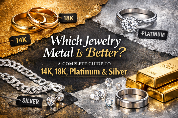 Comparison of 14K gold, 18K gold, platinum, and silver jewelry metals side by side - Riyanika Jewels