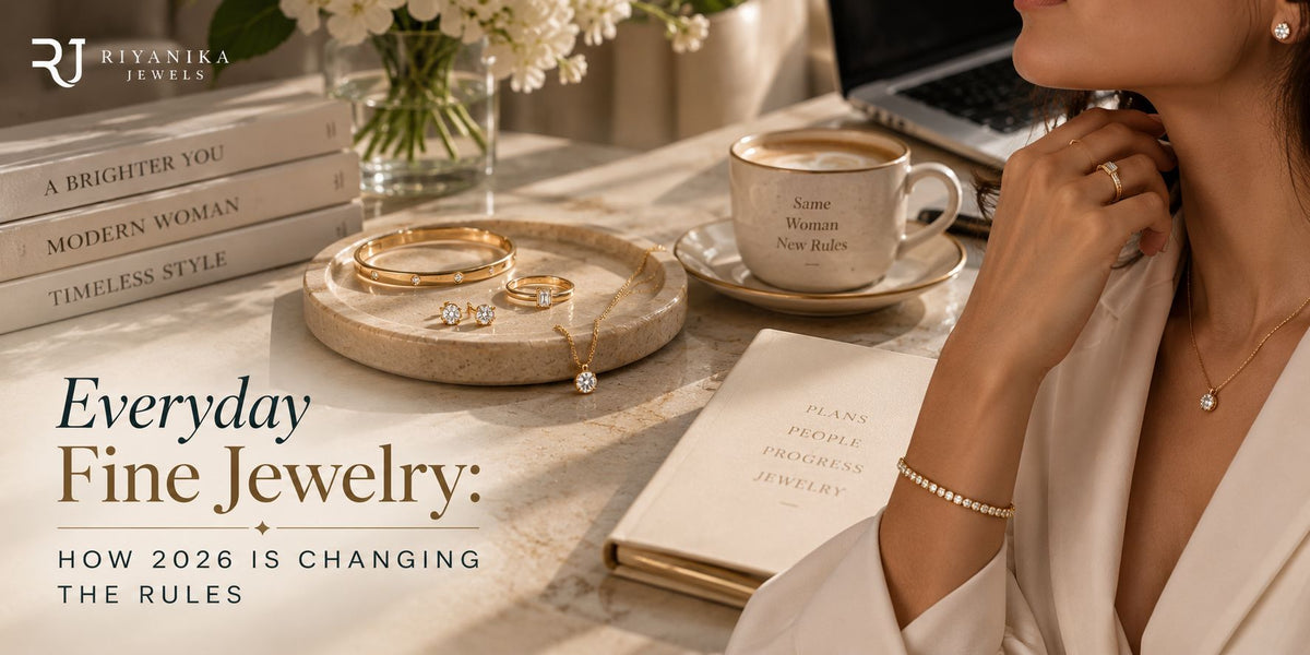 Woman wearing minimalist everyday fine jewelry in 14K and 18K solid gold with diamond pieces