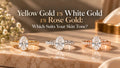 Yellow gold, white gold, and rose gold oval diamond engagement rings displayed side by side on a polished marble surface in an elegant luxury jewelry setting.