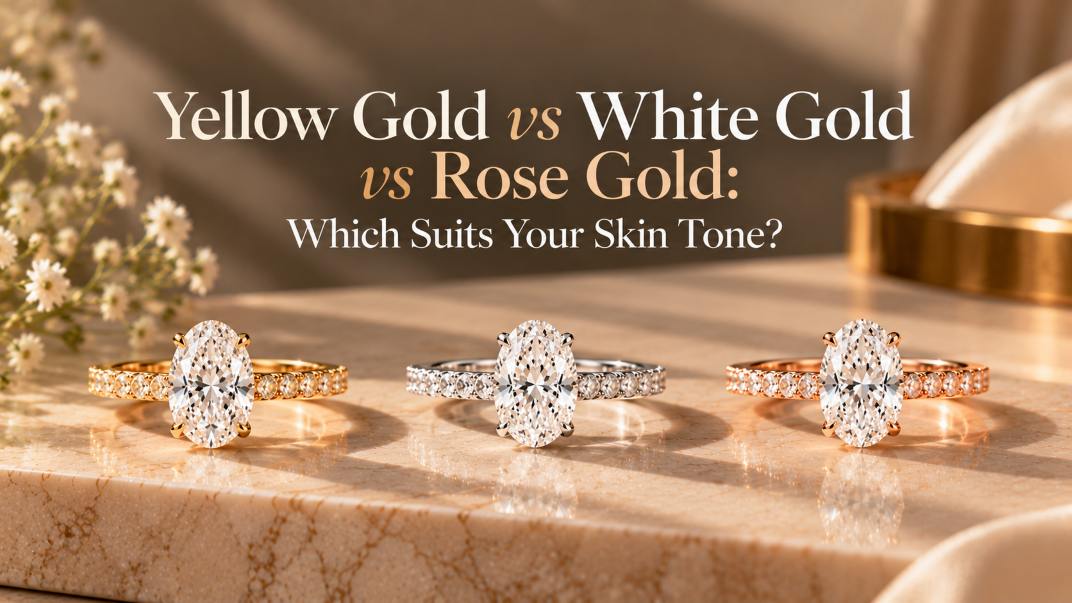 Yellow gold, white gold, and rose gold oval diamond engagement rings displayed side by side on a polished marble surface in an elegant luxury jewelry setting.