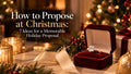Christmas proposal scene featuring a diamond engagement ring in a burgundy velvet ring box, surrounded by festive greenery, golden lights, and elegant holiday decorations.