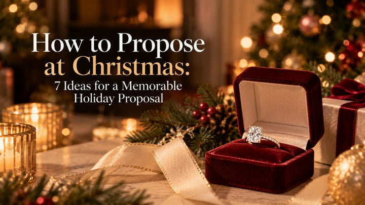 Christmas proposal scene featuring a diamond engagement ring in a burgundy velvet ring box, surrounded by festive greenery, golden lights, and elegant holiday decorations.