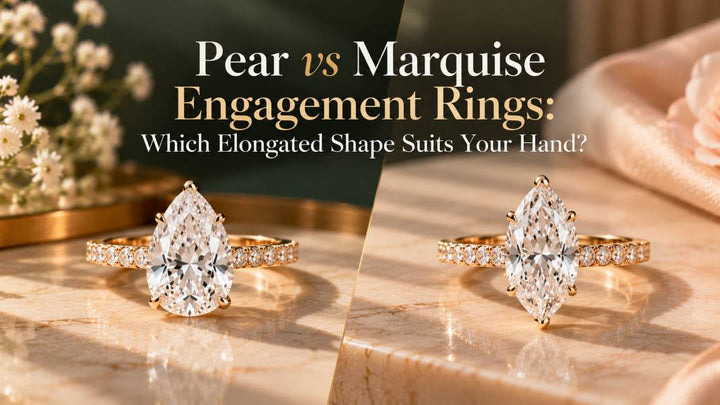 Pear vs marquise engagement rings featuring elongated diamond cuts set in yellow gold with pavé diamond bands, displayed on a polished marble surface in a luxury editorial setting.