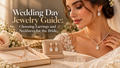 Bride wearing elegant diamond drop earrings and a matching diamond pendant necklace with a delicate bridal veil, alongside coordinated fine jewelry displayed in champagne-gold boxes.