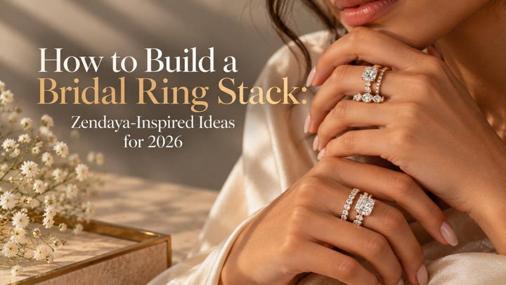 Elegant bridal ring stack featuring layered gold and diamond rings on a woman’s hands, with a soft ivory satin background, inspired by 2026 bridal jewelry trends.