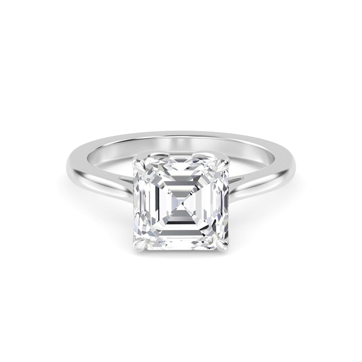 18K solid gold 1.53 ct Asscher cut diamond solitaire engagement ring, photographed against neutral background