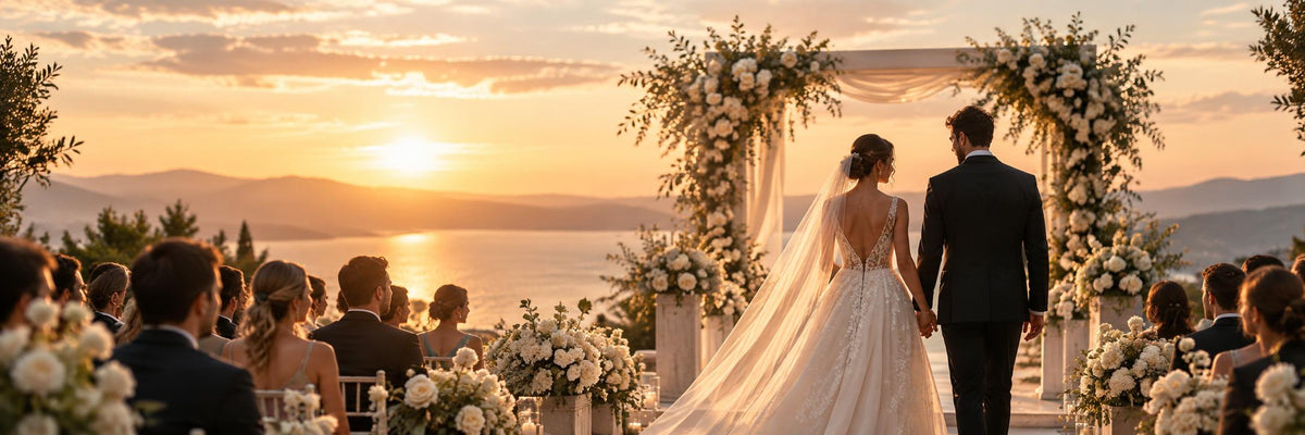 Couple from behind beneath a floral arch at a sunset wedding ceremony, with guests and white flowers on each side.