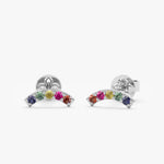 14K Solid Gold 0.13 CT Rainbow Sapphire Curved Bar Stud Earrings