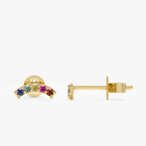 14K Solid Gold 0.13 CT Rainbow Sapphire Curved Bar Stud Earrings