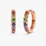 18K Solid Gold 0.18 CT Round Cut Rainbow Sapphire Huggie Hoop Earrings