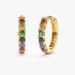 14K Solid Gold 0.18 CT Round Cut Rainbow Sapphire Huggie Hoop Earrings