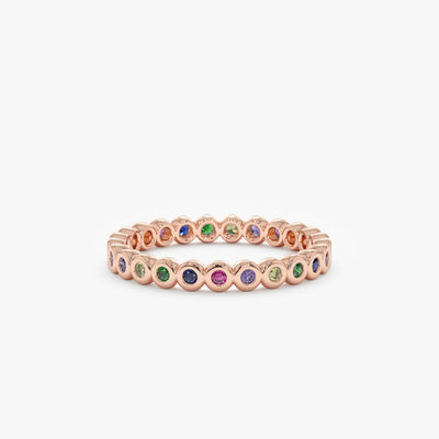 18K Solid Gold 0.34 CT Round Cut Rainbow Sapphire Eternity Band