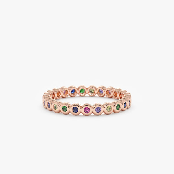 18K Solid Gold 0.34 CT Round Cut Rainbow Sapphire Eternity Band