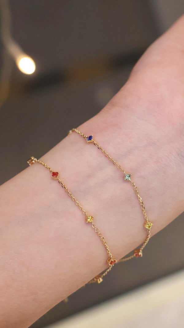 18K Solid Gold 0.40 CT Rainbow Sapphire Station Bracelet