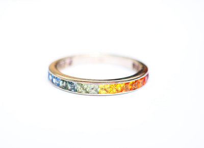 18K Solid Gold 1.38 CT Princess Cut Rainbow Sapphire Eternity Band