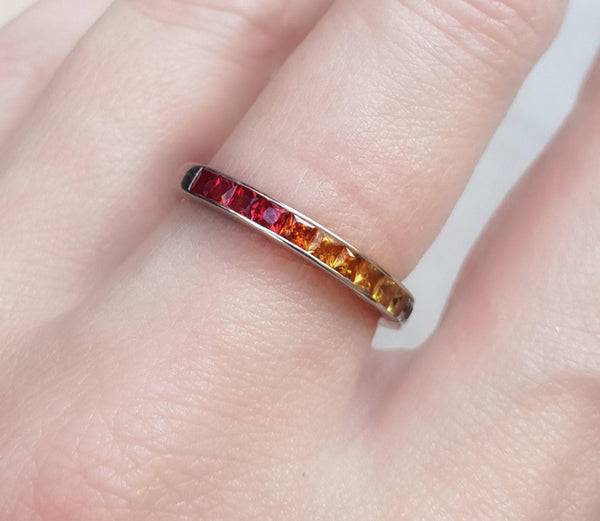 18K Solid Gold 1.38 CT Princess Cut Rainbow Sapphire Eternity Band