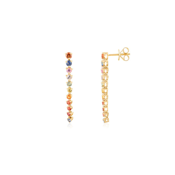 18K Solid Gold 1.83 CT Round Cut Rainbow Sapphire Dangle Earrings