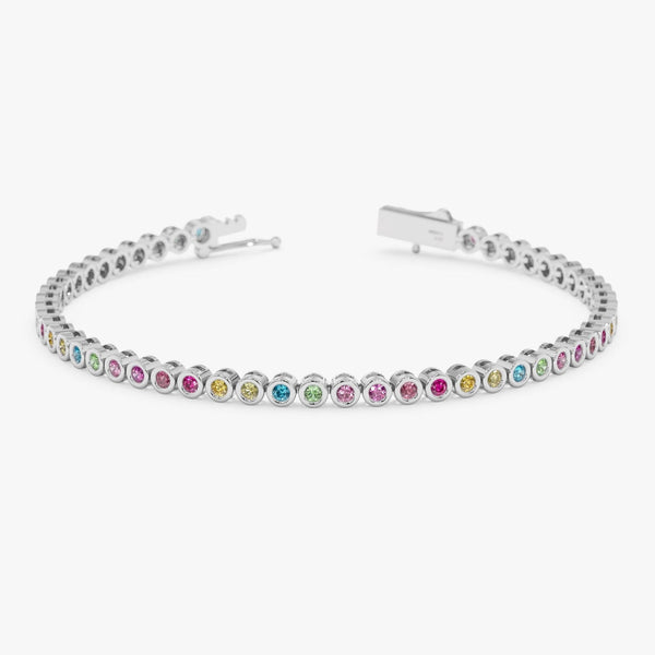 14K Solid Gold 1.88 CT Round Cut Rainbow Sapphire Bezel Tennis Bracelet