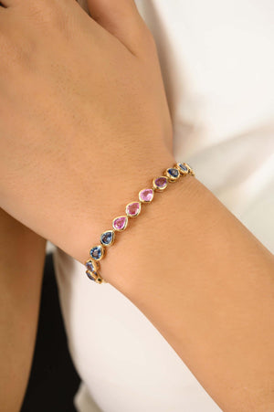 14K Solid Gold 10 CT Pear Cut Rainbow Sapphire Bezel Tennis Bracelet