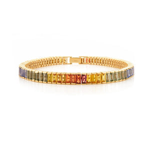 18K Solid Gold 11.16 CT Baguette Cut Rainbow Sapphire Tennis Bracelet