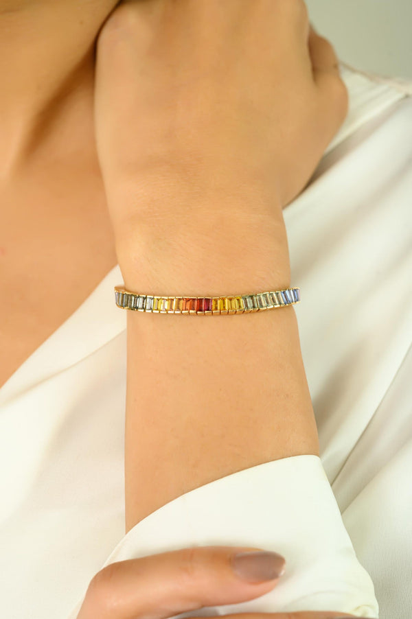 14K Solid Gold 11.16 CT Baguette Cut Rainbow Sapphire Tennis Bracelet