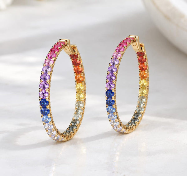 18K Solid Gold 4.80 CT Round Cut Rainbow Sapphire Hoop Earrings