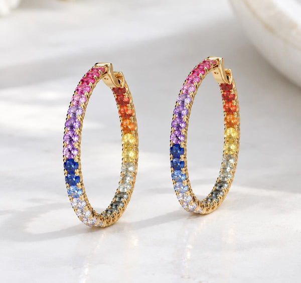 14K Solid Gold 4.80 CT Round Cut Rainbow Sapphire Hoop Earrings