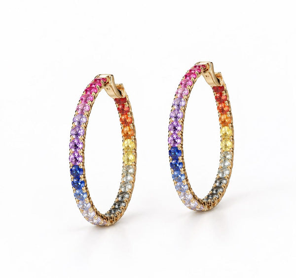 18K Solid Gold 4.80 CT Round Cut Rainbow Sapphire Hoop Earrings