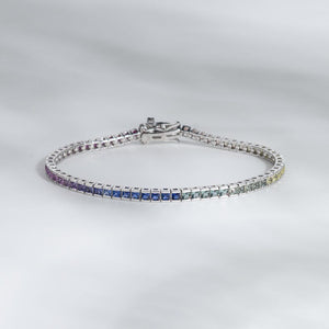 14K Solid Gold 4.32 CT Princess Cut Rainbow Sapphire Bezel Tennis Bracelet