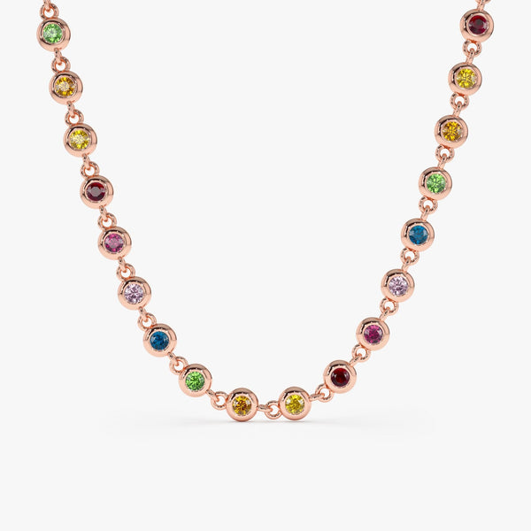 18K Solid Gold 4.40 CT Rainbow Sapphire Bezel Set Tennis Necklace