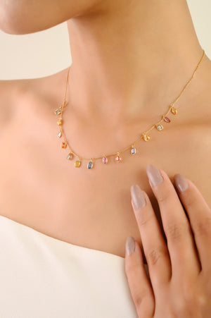18K Solid Gold 4.45 CT Rainbow Multi Sapphire Drop Necklace