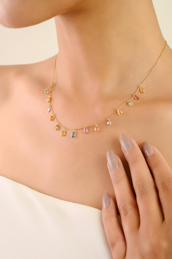 18K Solid Gold 4.45 CT Rainbow Multi Sapphire Drop Necklace