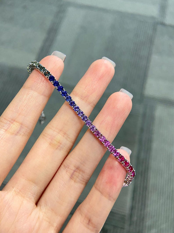 18K Solid Gold 6.12 CT Round Cut Rainbow Sapphire Tennis Bracelet