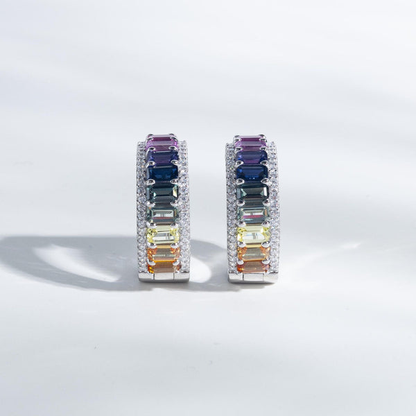 18K Solid Gold 6.76 CT Emerald Cut Rainbow Sapphire Hoop Earrings