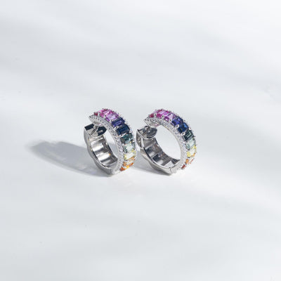 14K Solid Gold 6.76 CT Emerald Cut Rainbow Sapphire Hoop Earrings