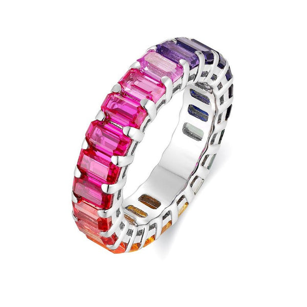 18K Solid Gold 4 CT Emerald Cut Rainbow Sapphire Eternity Band