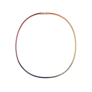 18K Solid Gold 8.5 CT Princess Cut Rainbow Sapphire Tennis Necklace