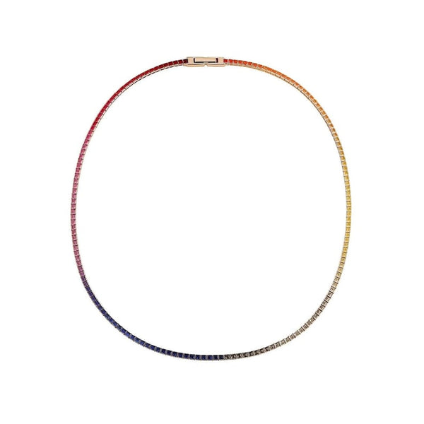 18K Solid Gold 8.5 CT Princess Cut Rainbow Sapphire Tennis Necklace