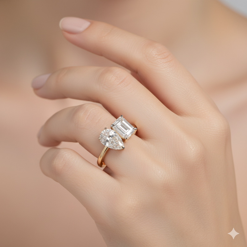Emerald Pear Duo Grace 18K Gold Lab Grown Diamond Toi et Moi Engagement Ring - Side View