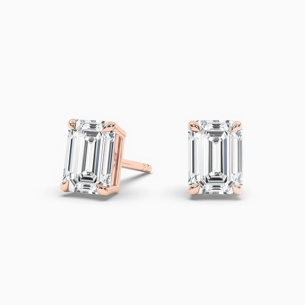 18K Solid Gold Lab Grown Diamond Emerald Cut Solitaire Stud Earrings - Side View | Riyanika Jewels